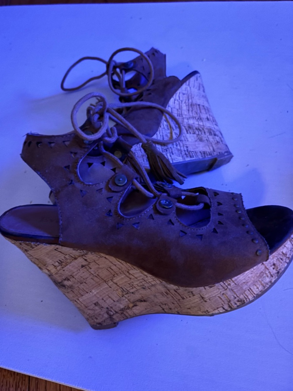 Brown Suede Lace-Up Cork Wedge Sandals. Size 7.5
